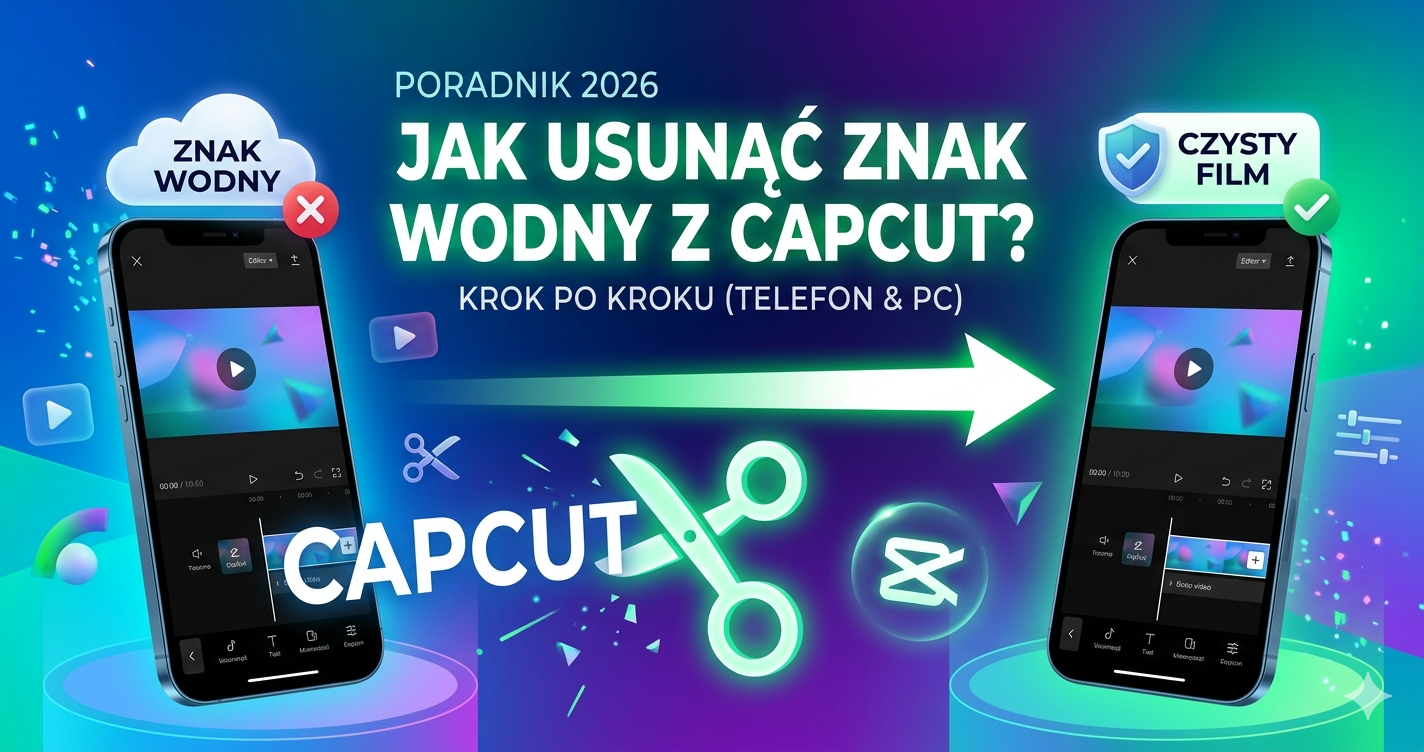 Grafika poradnikowa 'Jak Usunąć Znak Wodny z CapCut?'. Po lewej smartfon pokazuje edycję ze znakiem wodnym, po prawej czysty film.