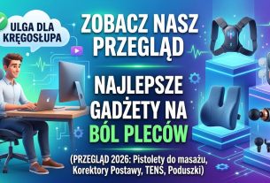 Nowoczesna grafika przedstawiająca zestaw gadżetów na ból pleców: pistolet do masażu, poduszkę lędźwiową i inteligentny korektor postawy.