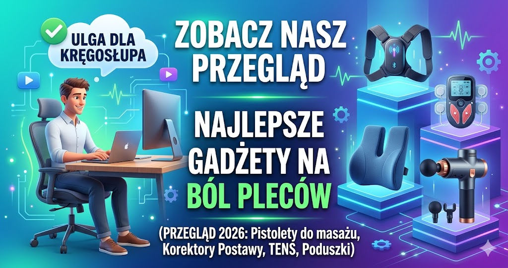Nowoczesna grafika przedstawiająca zestaw gadżetów na ból pleców: pistolet do masażu, poduszkę lędźwiową i inteligentny korektor postawy.